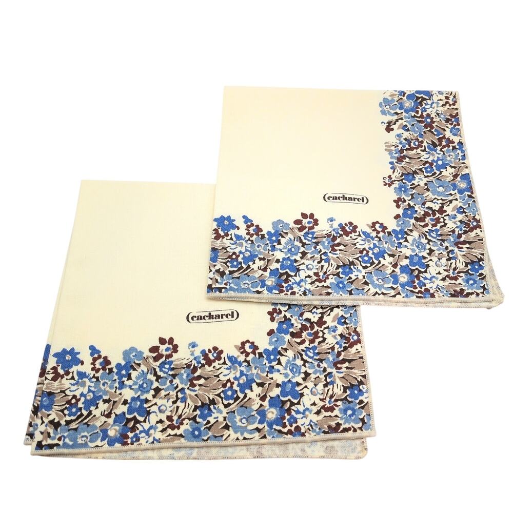 Vintage Cacharel Set Blue Brown Floral Border Cream Square Cloth Napkins 16.5in